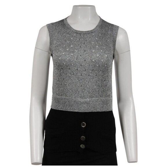 Louis Vuitton Women Sweater Vest Cardigan Small Metallic Silver Black Sleeveless - Picture 1 of 12